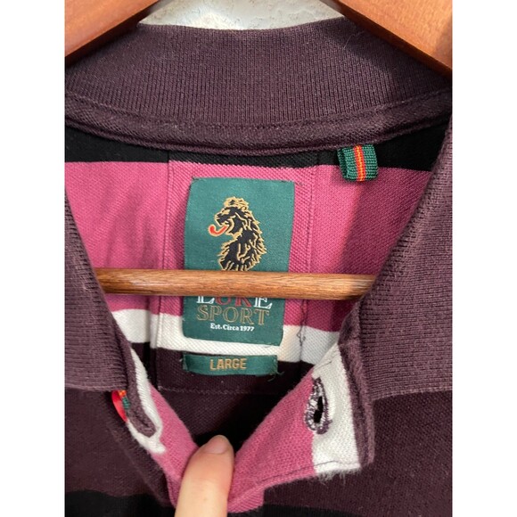 Luke Sport Men’s Polo Shirt Size L Red Pink Stripe Short Sleeve Preppy Rugby Y2k - Picture 5 of 7